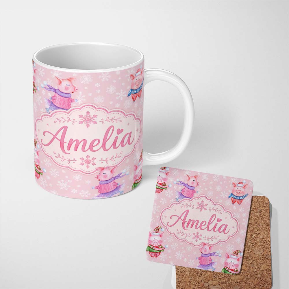 Personalized Custom Name Cute Winter Pig Snowflake Watercolor Seamless Pattern Lovely 11oz Ceramic Coffee Tea Mug White Large Handle