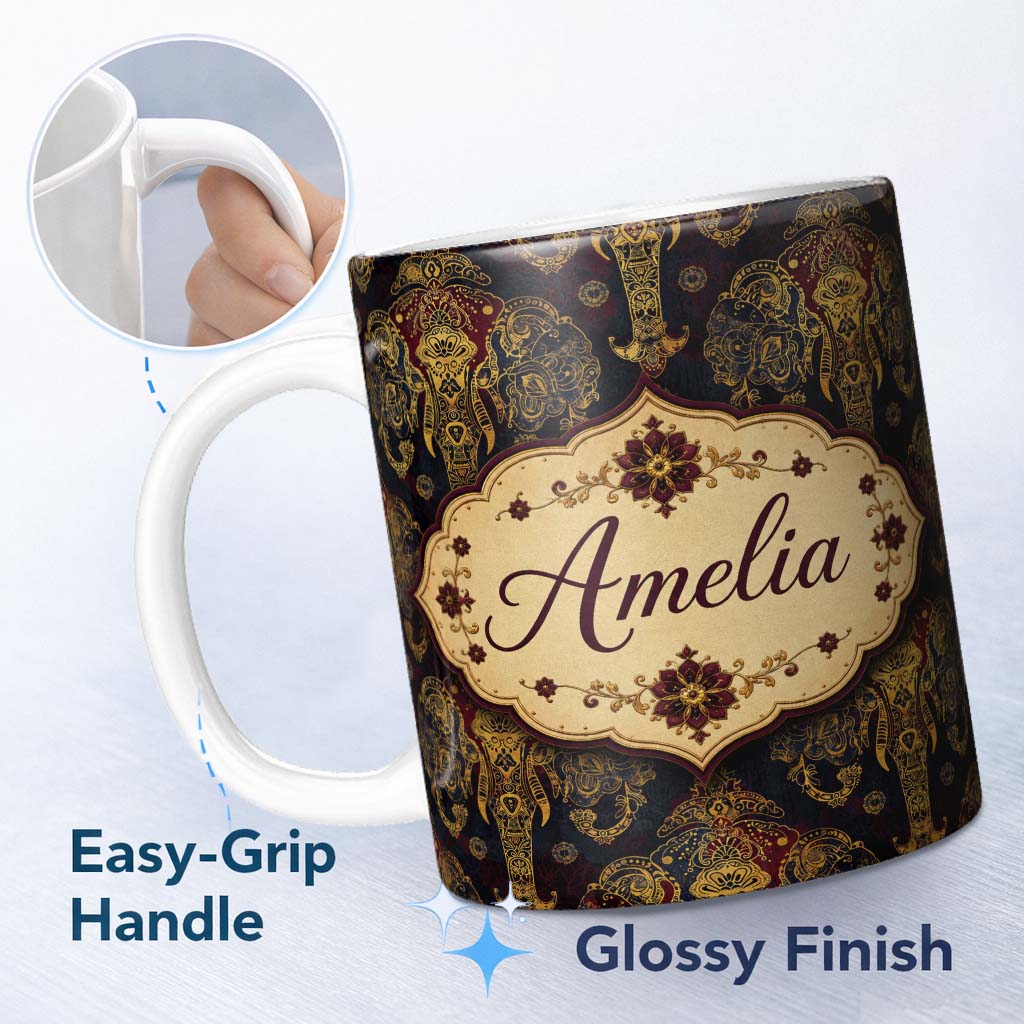 Personalized Custom Name Luxury Gold Elephant with Floral Motif Seamless Pattern Lovely 11oz Ceramic Coffee Tea Mug White Large Handle