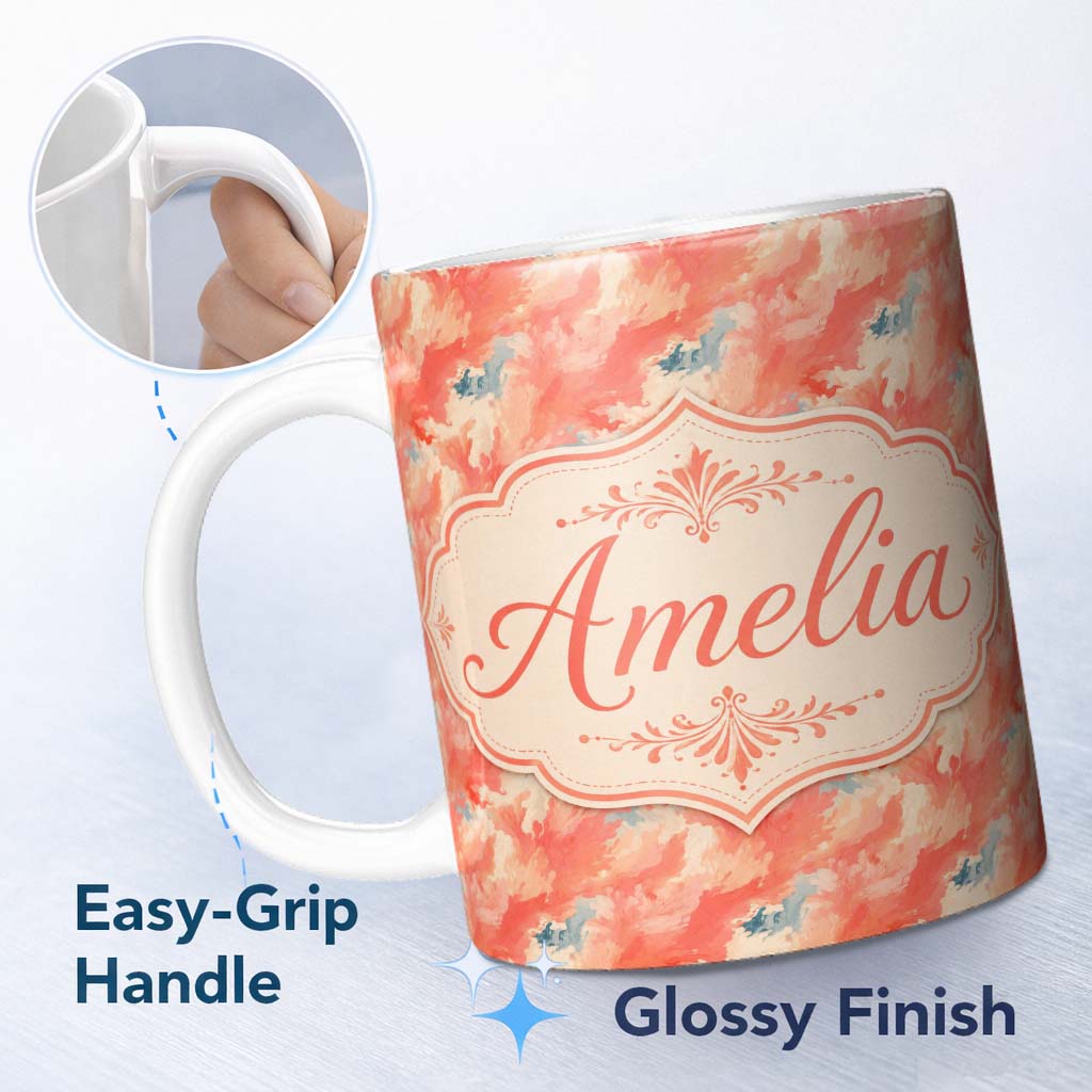 Personalized Custom Name Abstract Coral and Cream Fluid Art Seamless Pattern with Soft Blue 11oz Ceramic Coffee Tea Mug White Large Handle