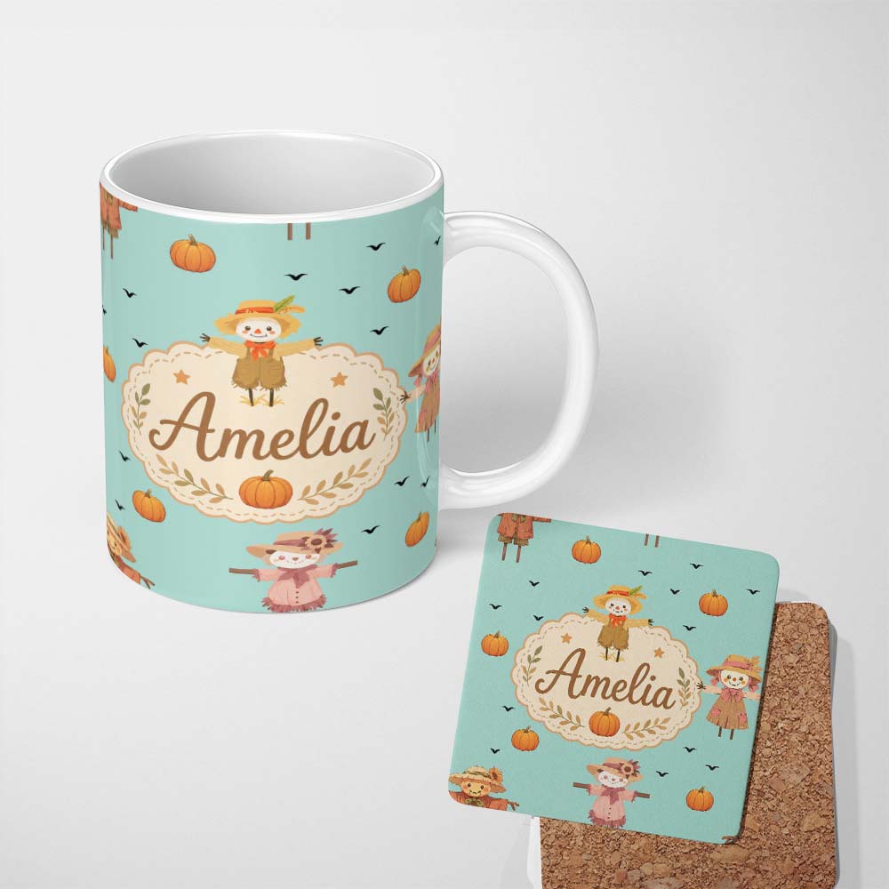Personalized Custom Name Cute Autumn Scarecrow Pumpkin Birds Seamless Pattern Mint Background 11oz Ceramic Coffee Tea Mug White Large Handle