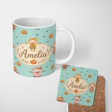 Personalized Custom Name Cute Autumn Scarecrow Pumpkin Birds Seamless Pattern Mint Background 11oz Ceramic Coffee Tea Mug White Large Handle
