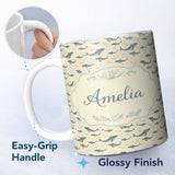 Personalized Custom Name Nautical Whale Ship Seamless Pattern Vintage Ocean Maritime Design 11oz Ceramic Coffee Tea Mug White Large Handle