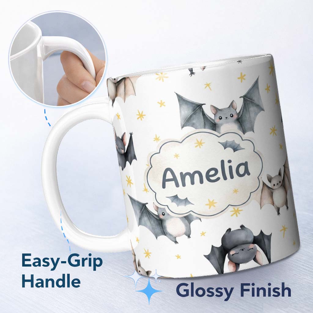 Personalized Custom Name Cute Baby Bats Flying with Stars Soft White Background Seamless 11oz Ceramic Coffee Tea Mug White Large Handle