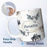 Personalized Custom Name Cute Baby Bats Flying with Stars Soft White Background Seamless 11oz Ceramic Coffee Tea Mug White Large Handle