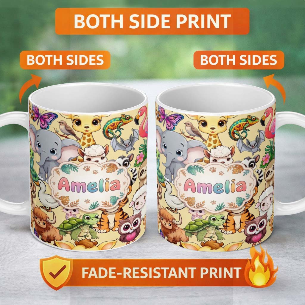 Personalized Custom Name Cute Baby Safari Jungle Animals Seamless Pattern Cute Unique Gift 11oz Ceramic Coffee Tea Mug White Large Handle