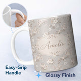 Personalized Custom Name Elegant Neutral Floral Blossom Pattern Soft Beige Background Lovely 11oz Ceramic Coffee Tea Mug White Large Handle