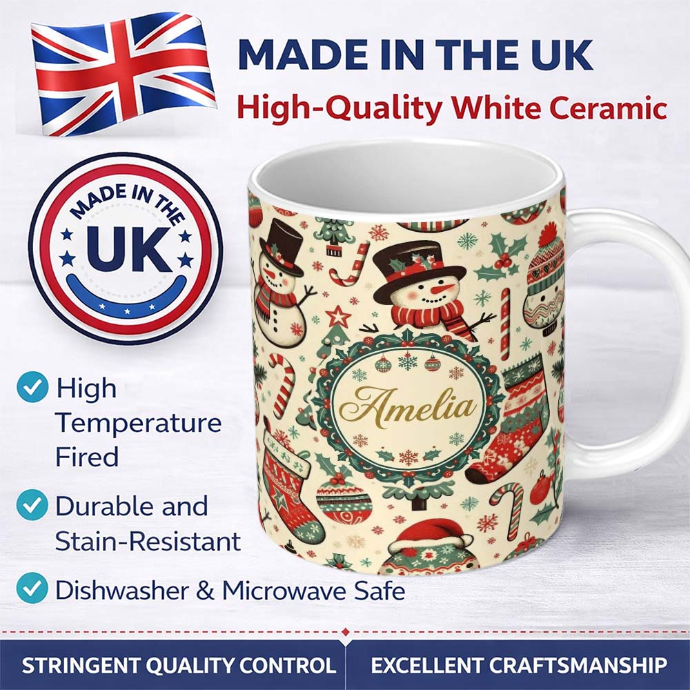 Personalized Custom Name Christmas Tree Star Gift Ornament Holiday Seamless Pattern Lovely 11oz Ceramic Coffee Tea Mug White Large Handle