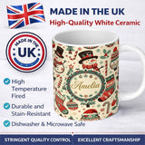 Personalized Custom Name Christmas Tree Star Gift Ornament Holiday Seamless Pattern Lovely 11oz Ceramic Coffee Tea Mug White Large Handle