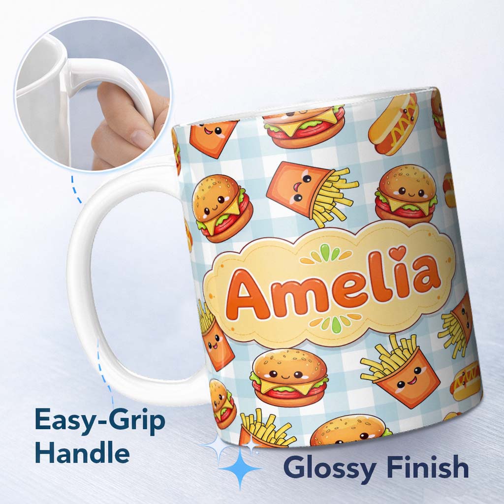 Personalized Custom Name Kawaii Burger Fries Hotdog Fast Food Blue Gingham Seamless Pattern 11oz Ceramic Coffee Tea Mug White Large Handle