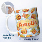 Personalized Custom Name Kawaii Burger Fries Hotdog Fast Food Blue Gingham Seamless Pattern 11oz Ceramic Coffee Tea Mug White Large Handle