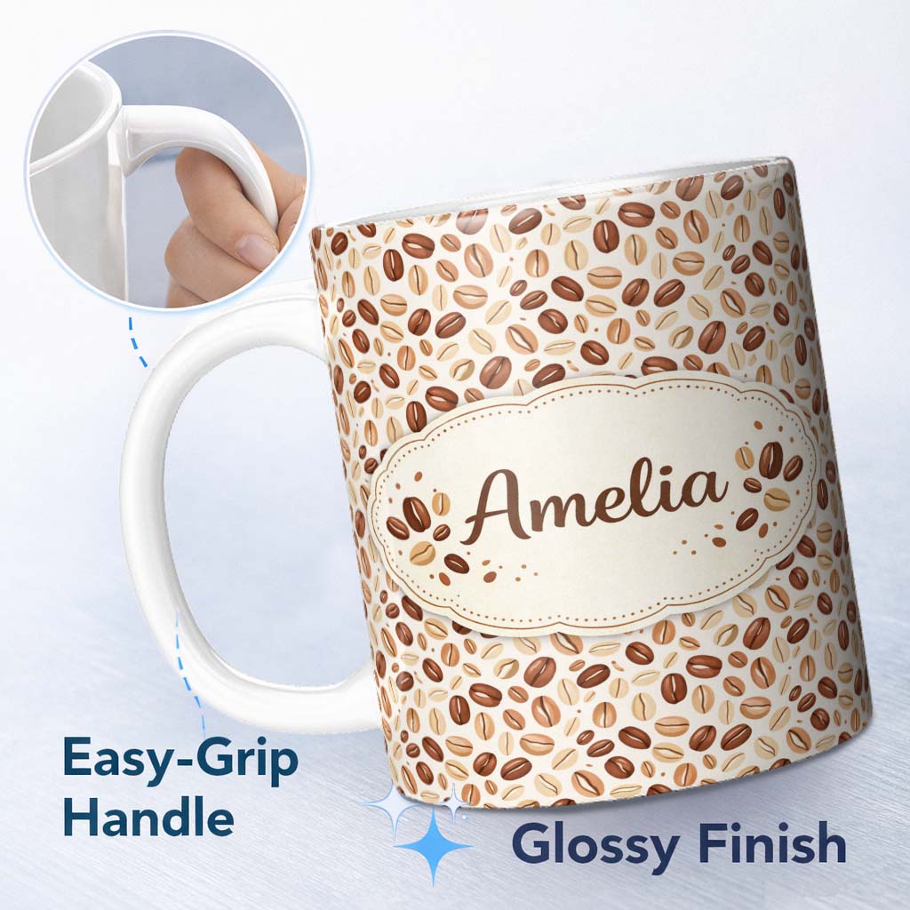 Personalized Custom Name Coffee Beans Light Background Seamless Pattern Beautiful Coffee Cup 11oz Ceramic Coffee Tea Mug White Large Handle