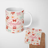 Personalized Custom Name Cute Cherry Bow Daisy Heart Seamless Pattern on Soft Cream Lovely 11oz Ceramic Coffee Tea Mug White Large Handle