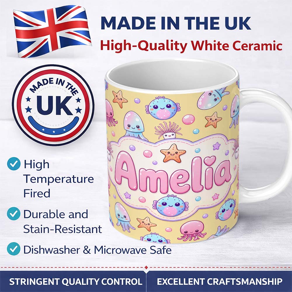 Personalized Custom Name Jellyfish Starfish and Cute Sea Creatures Warm Mustard Yellow Lovely 11oz Ceramic Coffee Tea Mug White Large Handle