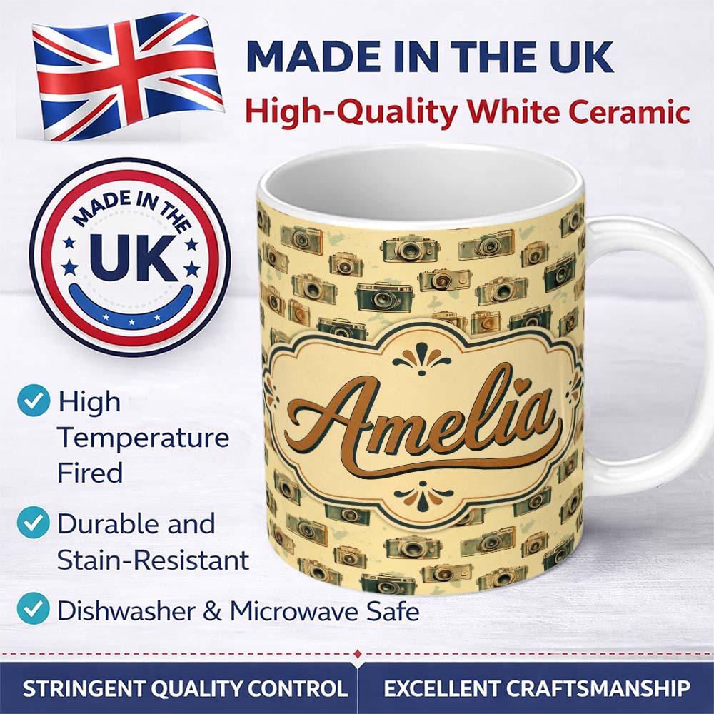 Personalized Custom Name Retro Camera and Film Device Seamless Pattern with Classic Lovely 11oz Ceramic Coffee Tea Mug White Large Handle