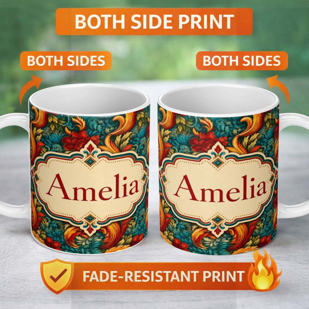 Personalized Custom Name Teal Orange Baroque Floral Swirl Seamless Pattern Cute Unique Gift 11oz Ceramic Coffee Tea Mug White Large Handle