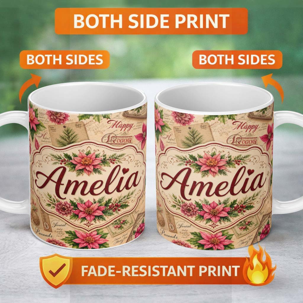Personalized Custom Name Elegant Vintage Christmas Postcards Botanical Florals and Script 11oz Ceramic Coffee Tea Mug White Large Handle