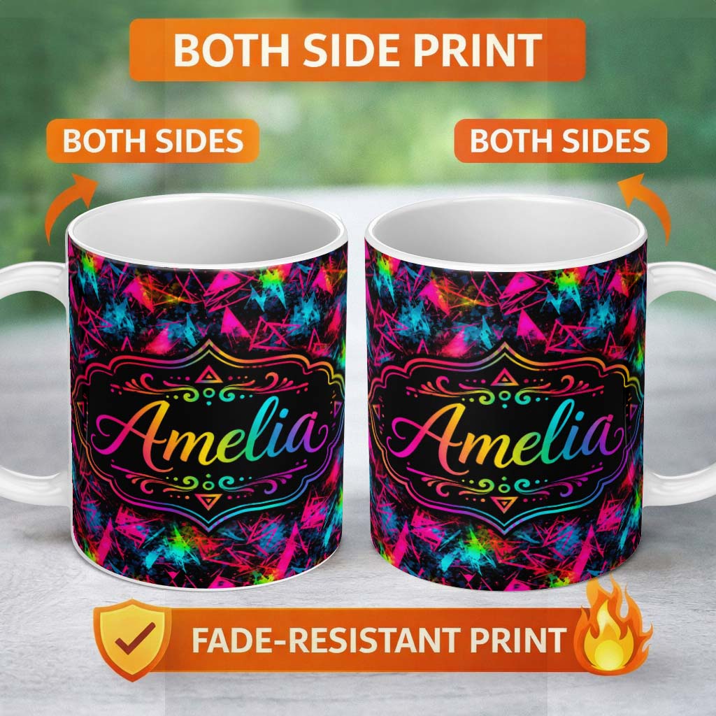 Personalized Custom Name Colorful Neon Triangle Graffiti Abstract Seamless Pattern Lovely 11oz Ceramic Coffee Tea Mug White Large Handle