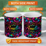 Personalized Custom Name Colorful Neon Triangle Graffiti Abstract Seamless Pattern Lovely 11oz Ceramic Coffee Tea Mug White Large Handle