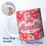 Personalized Custom Name Romantic Couple Kissing Floral Bouquet Hearts Seamless Pattern Red 11oz Ceramic Coffee Tea Mug White Large Handle