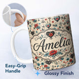 Personalized Custom Name Vintage Floral Heart and Botanical Illustration Seamless Pattern 11oz Ceramic Coffee Tea Mug White Large Handle
