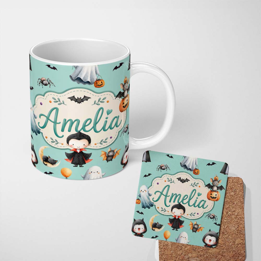 Personalized Custom Name Halloween Vampire Ghost Bats Spooky Characters Mint Green Seamless 11oz Ceramic Coffee Tea Mug White Large Handle