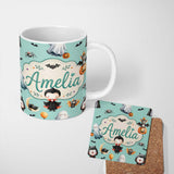 Personalized Custom Name Halloween Vampire Ghost Bats Spooky Characters Mint Green Seamless 11oz Ceramic Coffee Tea Mug White Large Handle