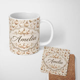 Personalized Custom Name Neutral Beige Onion Sketch Seamless Pattern Vintage Botanical Style 11oz Ceramic Coffee Tea Mug White Large Handle