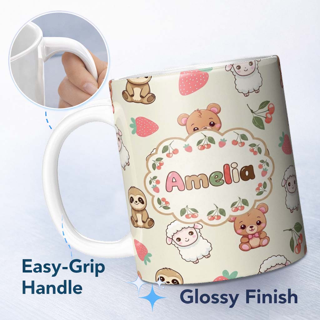 Personalized Custom Name Cute Bear Sloth Lamb Cherry Strawberry Seamless Pattern on Cream 11oz Ceramic Coffee Tea Mug White Large Handle