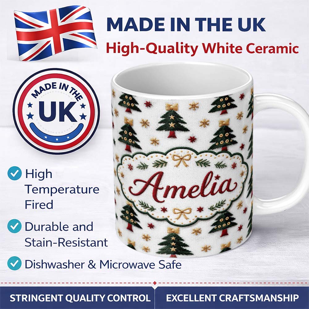 Personalized Custom Name Festive Embroidered Christmas Trees Stars Seamless Pattern Lovely 11oz Ceramic Coffee Tea Mug White Large Handle