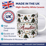 Personalized Custom Name Festive Embroidered Christmas Trees Stars Seamless Pattern Lovely 11oz Ceramic Coffee Tea Mug White Large Handle
