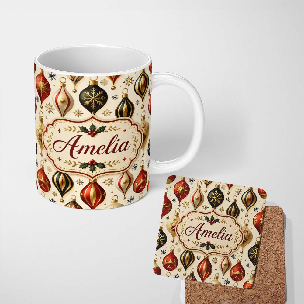 Personalized Custom Name Luxury Red Gold Black Christmas Baubles Elegant Seamless Pattern 11oz Ceramic Coffee Tea Mug White Large Handle