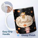 Personalized Custom Name Cute Autumn Scarecrow Pumpkin Birds Seamless Pattern Black Lovely 11oz Ceramic Coffee Tea Mug White Large Handle