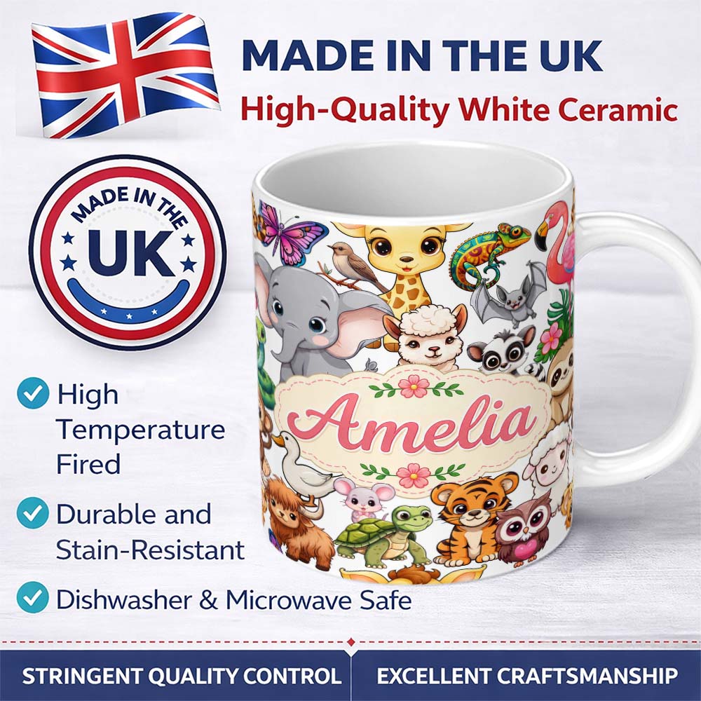 Personalized Custom Name Cute Cartoon Jungle Safari Animals Seamless Pattern on White Lovely 11oz Ceramic Coffee Tea Mug White Large Handle