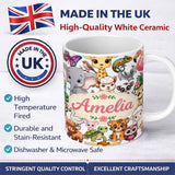 Personalized Custom Name Cute Cartoon Jungle Safari Animals Seamless Pattern on White Lovely 11oz Ceramic Coffee Tea Mug White Large Handle