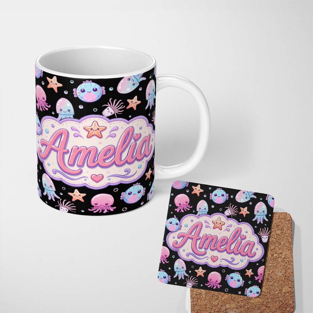 Personalized Custom Name Kawaii Jellyfish Puffer Fish Starfish Pastel Ocean Creatures Black 11oz Ceramic Coffee Tea Mug White Large Handle