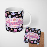 Personalized Custom Name Kawaii Jellyfish Puffer Fish Starfish Pastel Ocean Creatures Black 11oz Ceramic Coffee Tea Mug White Large Handle