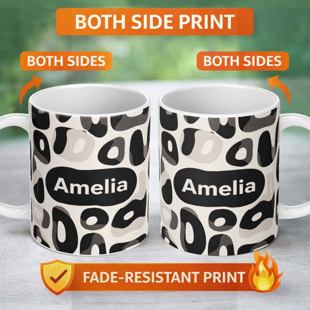 Personalized Custom Name Soft Rounded Shapes Black Grey Minimal Abstract Pattern Lovely 11oz Ceramic Coffee Tea Mug White Large Handle