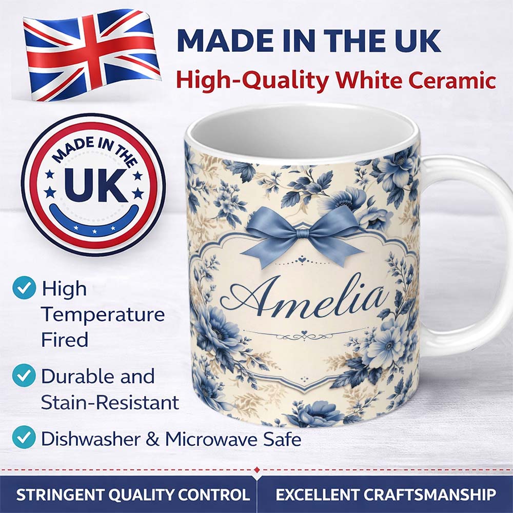Personalized Custom Name Classic Blue & Cream Floral Vintage Botanical Pattern Lovely 11oz Ceramic Coffee Tea Mug White Large Handle