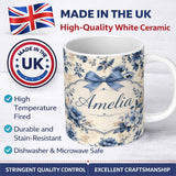 Personalized Custom Name Classic Blue & Cream Floral Vintage Botanical Pattern Lovely 11oz Ceramic Coffee Tea Mug White Large Handle
