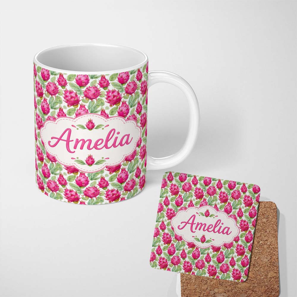 Personalized Custom Name Watercolor Dragon Fruit Tropical Seamless Pattern Cute Unique Gift 11oz Ceramic Coffee Tea Mug White Large Handle