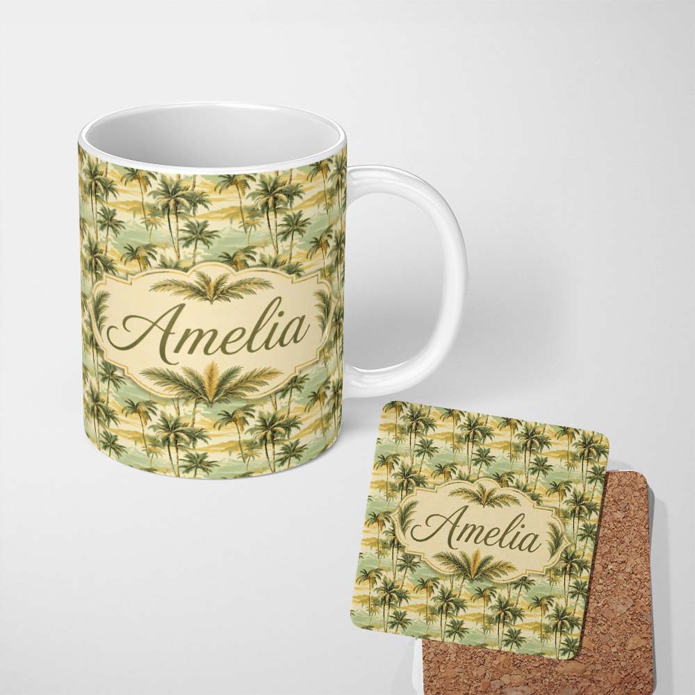 Personalized Custom Name Tropical Coastal Landscape with Palm Trees and Ocean Scene Pattern 11oz Ceramic Coffee Tea Mug White Large Handle