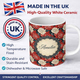 Personalized Custom Name Classic Red and Ivory Rose Dense Floral Seamless Pattern Lovely 11oz Ceramic Coffee Tea Mug White Large Handle