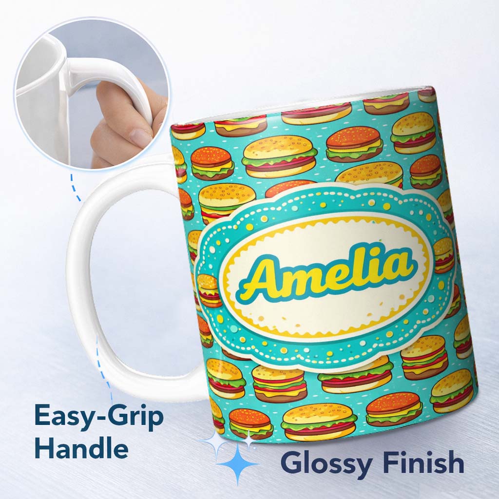 Personalized Custom Name Cute Burger Cartoon Seamless Pattern Blue Background Food Design 11oz Ceramic Coffee Tea Mug White Large Handle