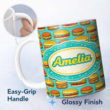 Personalized Custom Name Cute Burger Cartoon Seamless Pattern Blue Background Food Design 11oz Ceramic Coffee Tea Mug White Large Handle