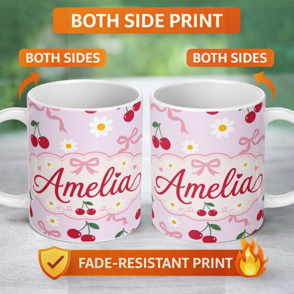 Personalized Custom Name Cute Cherry and Daisy Flowers with Pink Ribbon Bows Soft Lilac 11oz Ceramic Coffee Tea Mug White Large Handle