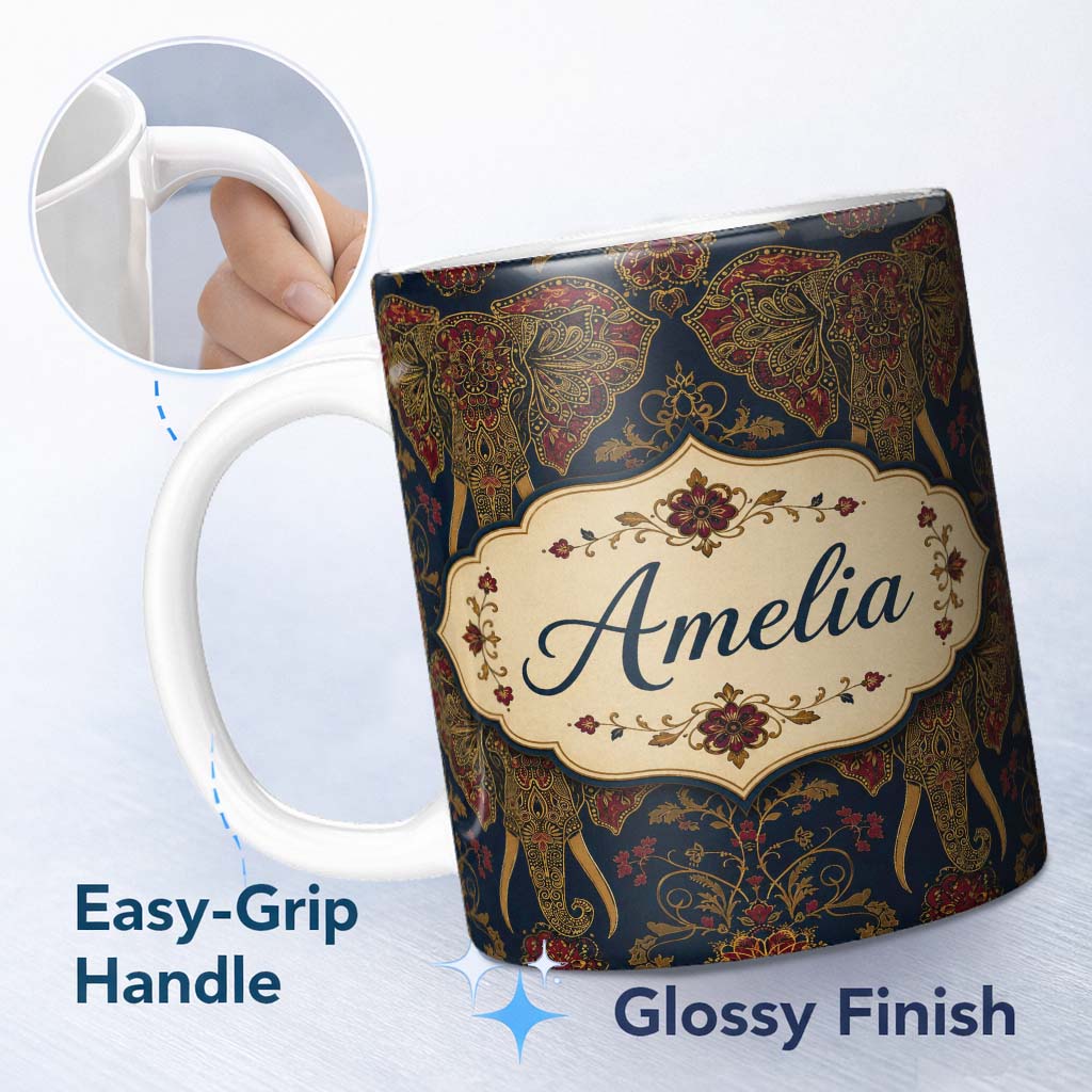 Personalized Custom Name Detailed Mandala Elephant Head Ornamental Seamless Pattern Lovely 11oz Ceramic Coffee Tea Mug White Large Handle