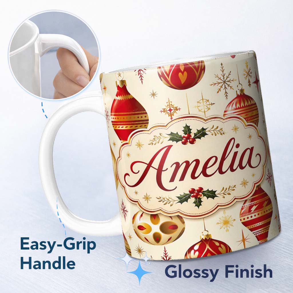 Personalized Custom Name Elegant Red Gold Christmas Baubles Snowflakes Festive Holiday Design 11oz Ceramic Coffee Tea Mug White Large Handle