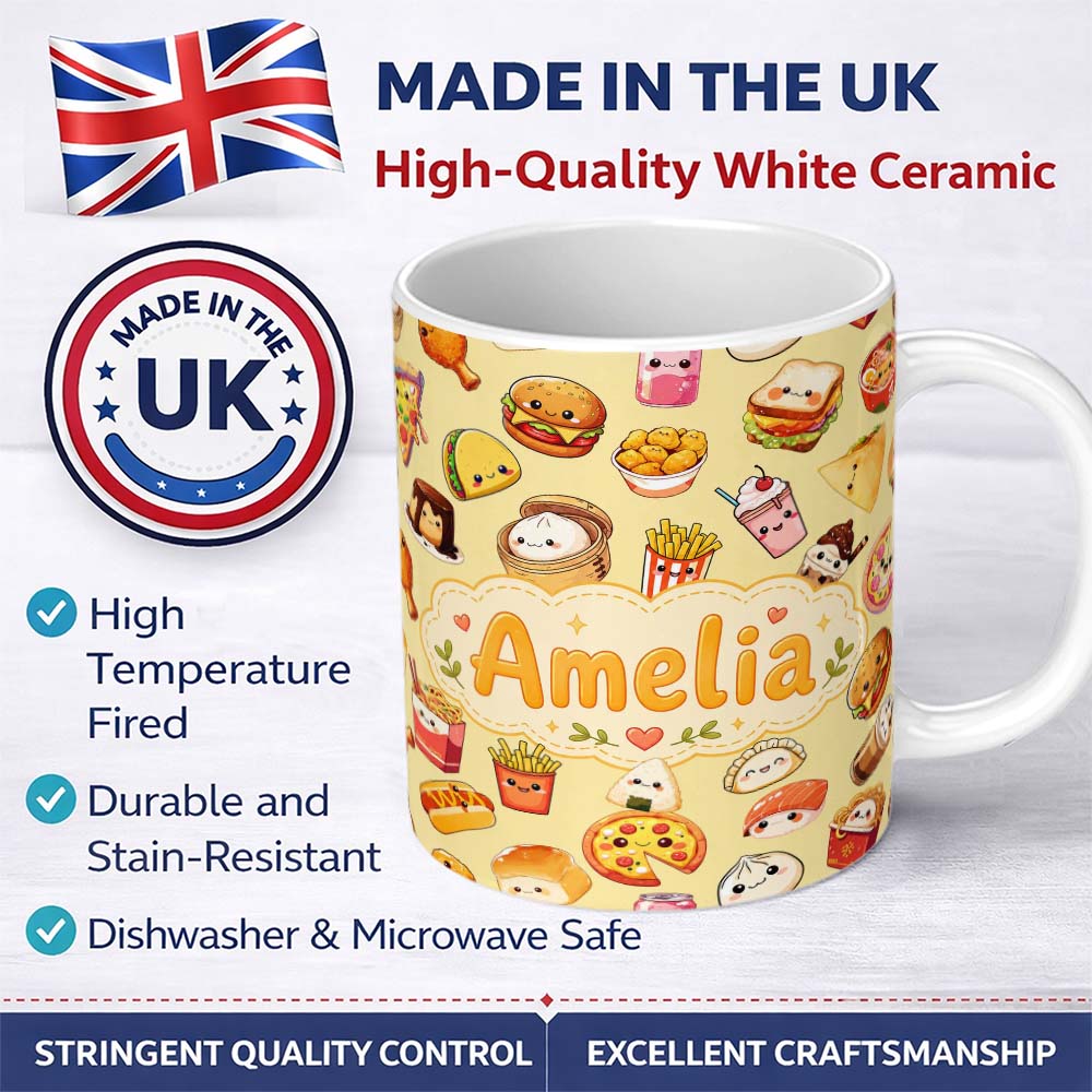 Personalized Custom Name Kawaii Fast Food Burger Sushi Taco Pizza Beige Seamless Pattern 11oz Ceramic Coffee Tea Mug White Large Handle
