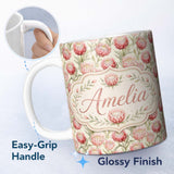 Personalized Custom Name Classic Pink Protea Blooms and Foliage Seamless Pattern Lovely 11oz Ceramic Coffee Tea Mug White Large Handle