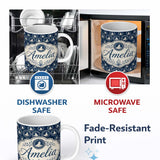 Personalized Custom Name Vintage Style Seal Cameo Medallion Navy Classic Seamless Pattern 11oz Ceramic Coffee Tea Mug White Large Handle